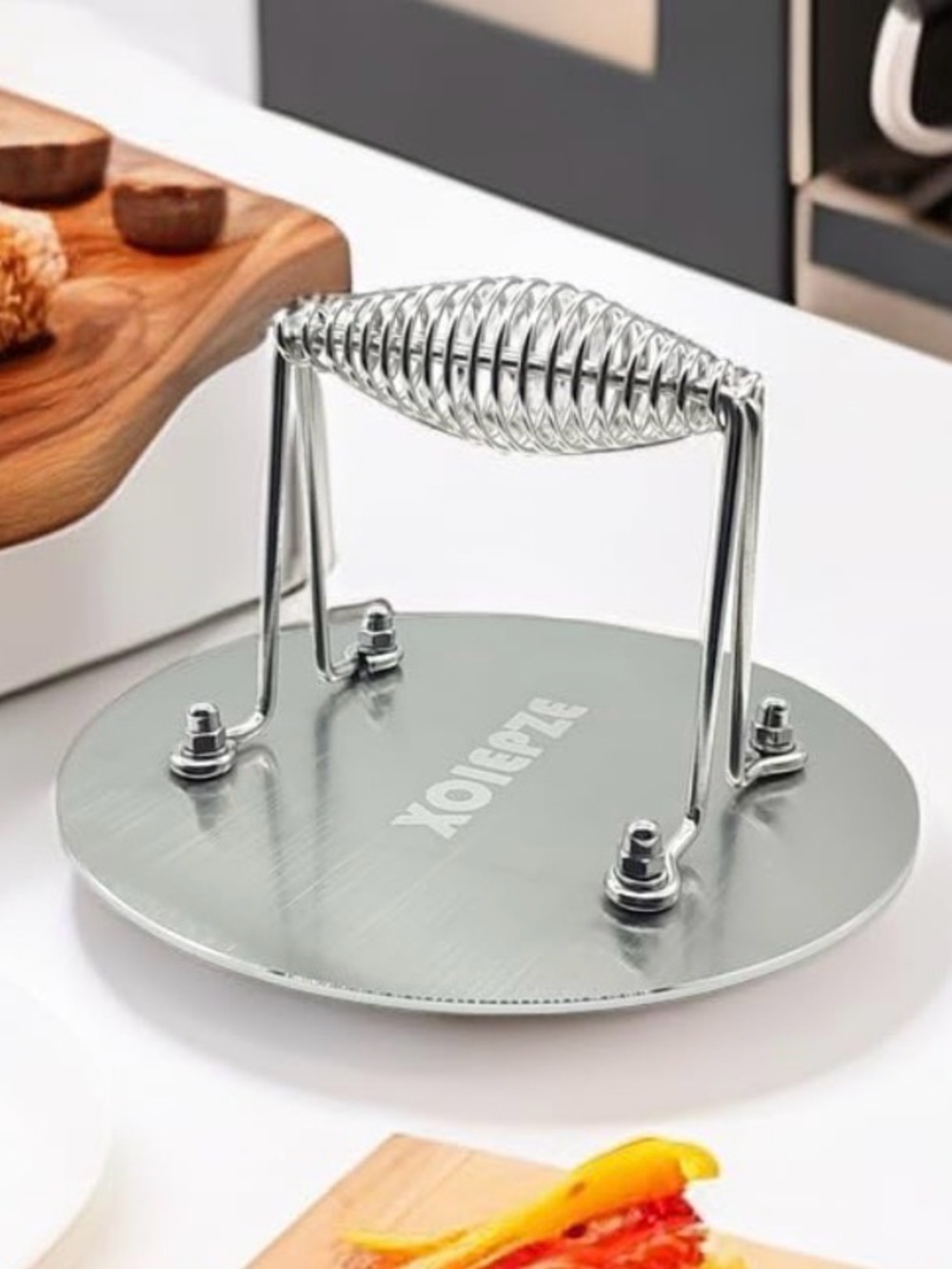 Stainless Steel Burger Press 8.5 inch Spring Handle Bacon Round Non-Stick Heavy
